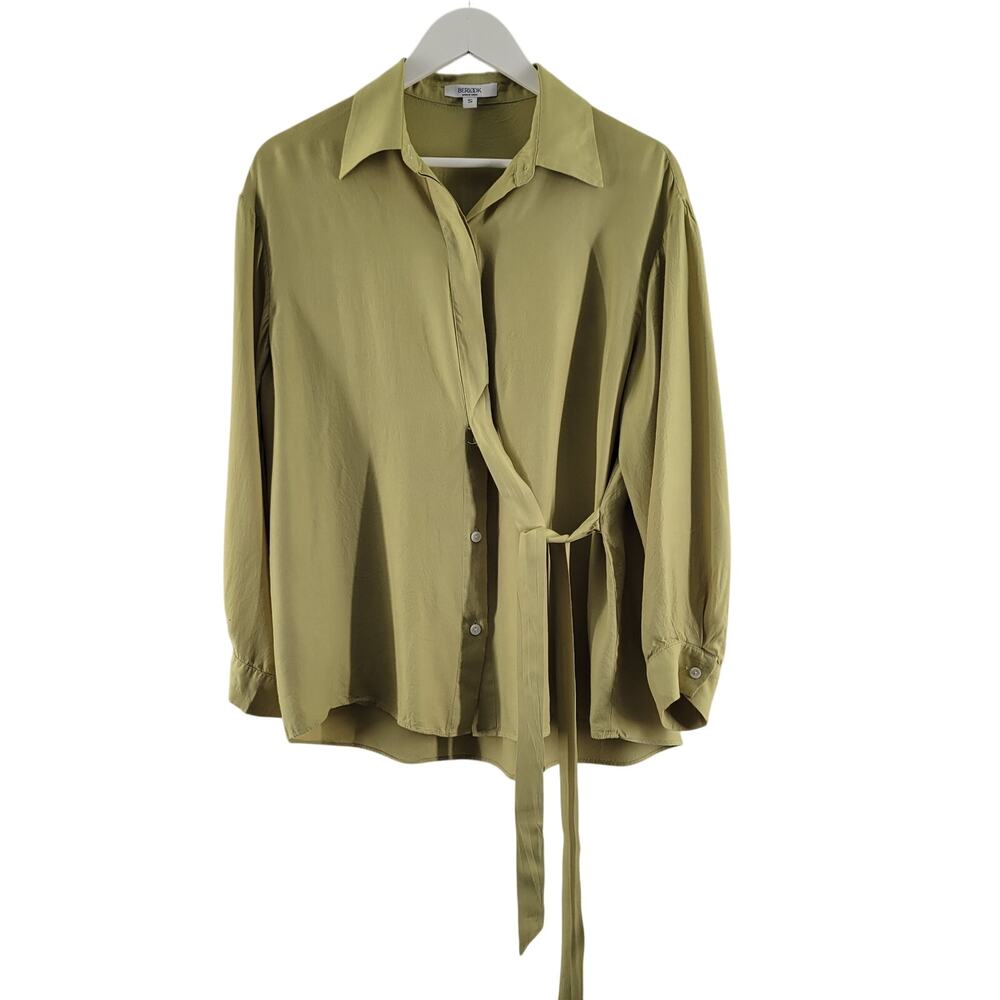 Berlook Button‎ up Shirt w Tie Front Womens Small Green Minimalist Office Artsy